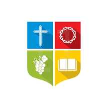 color block, blue, green, red, yellow, cross, grapes, Bible, crown of thorns, shield, icon