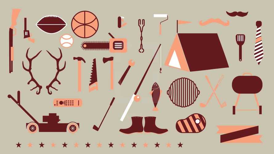 man stuff, lawn mower, father's day, illustrations, icons, fishing pole, fishing, fish, putting green, antlers, hunting, tools, hammer, saw, ax, banner, golf clubs, grill, tent, camping, chain saw, stars, border, tie, necktie, spatula, rifle, gun, football, sports, basketball, baseball, tongs, pocket knife, mustache, paint roller, pistol, boots