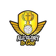 all glory to god, volleyball and trophy shield with wings 