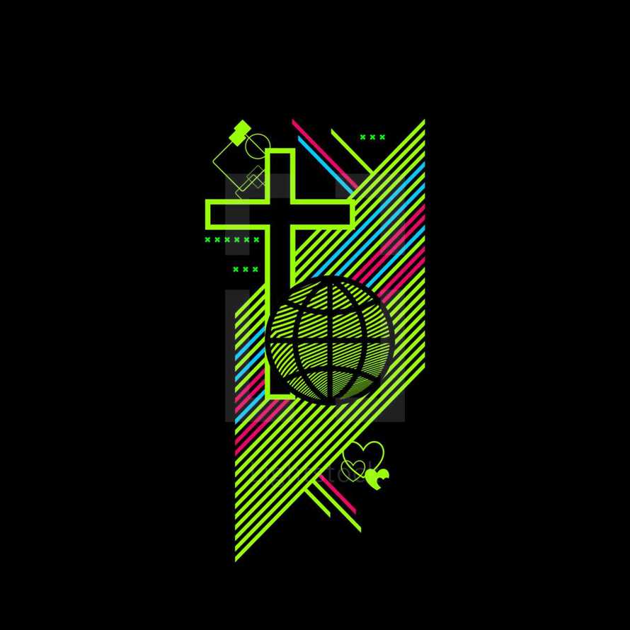 neon cross and globe logo