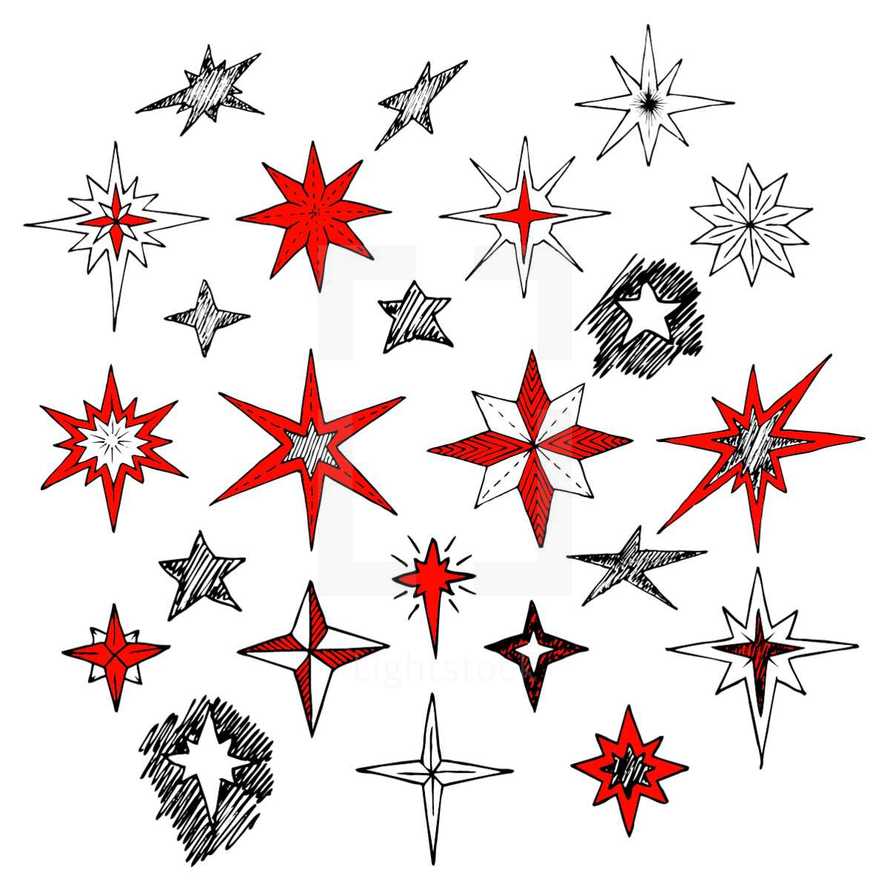 Hand drawn Christmas stars and Bethlehem star for winter and holiday illustrations.