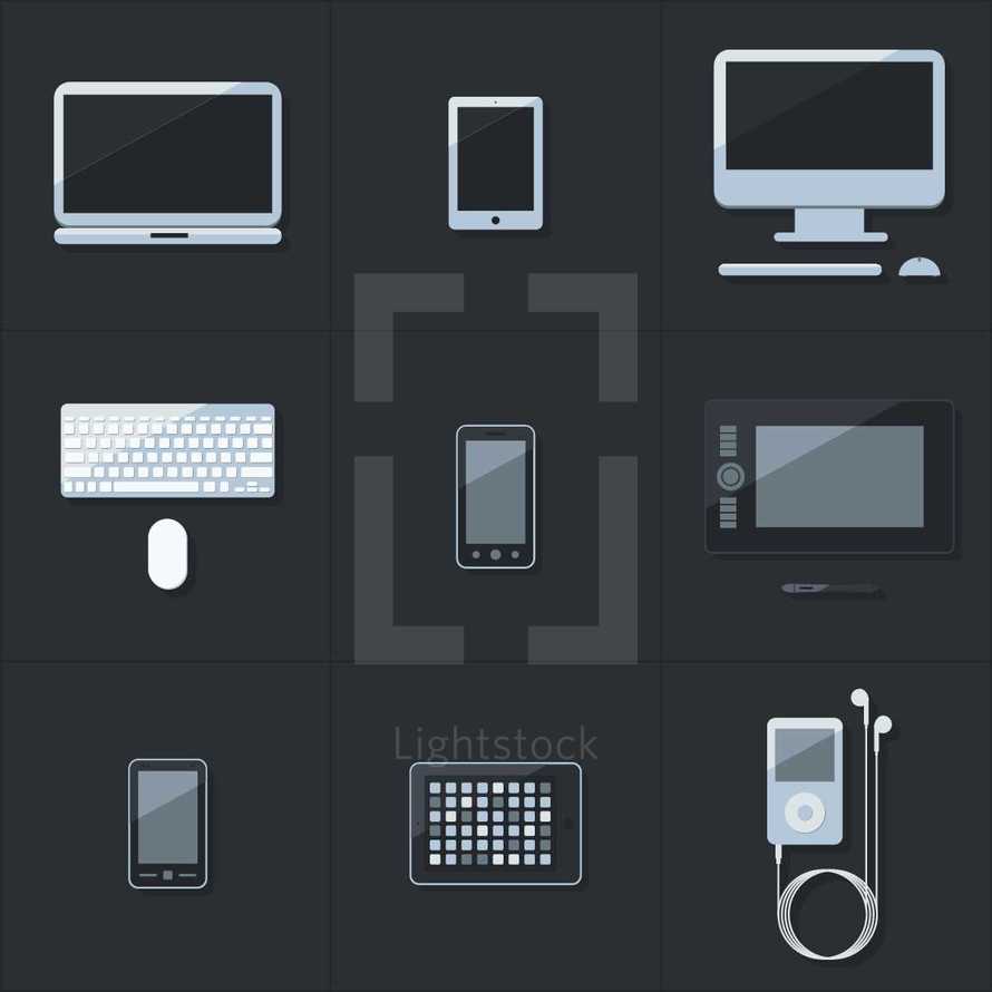 technology, electronics, iPhone, cellphone, iPad, tablet, iPod, earbuds, keyboard, computer, mouse, computer mouse, computer screen, media player 
