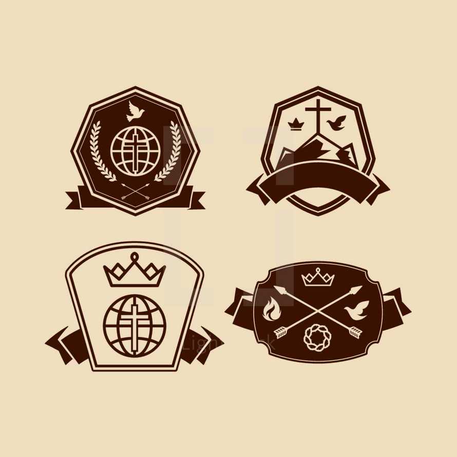 badges, cross, crown of thorns, dove, banner, globe, Bible, wheat, Jesus fish, missions, crown, mountain peak, shield, arrows, flame, icon