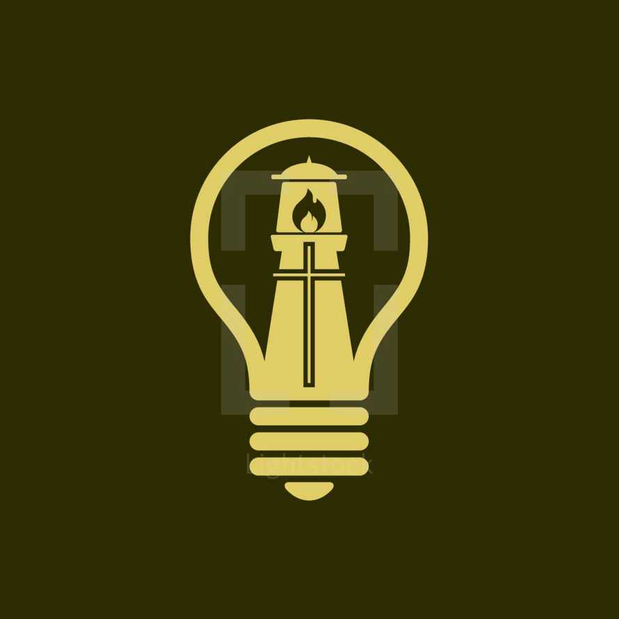 lighthouse, cross, and light bulb logo 