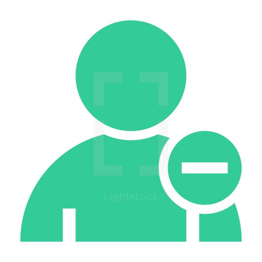 don't add a friend. Person user icon with minus symbol. Member sign. Avatar button. Man pictogram. Web internet icon created in trendy flat style. Quick and easy recolorable shape isolated on white background. The graphic element saved as a vector illustration in the EPS file format for used in your design projects. 