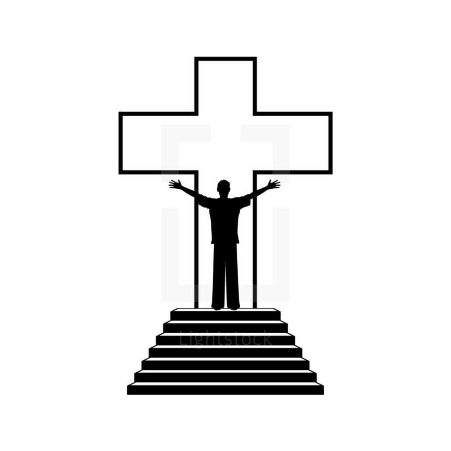 a man with outstretched arms in front of a cross