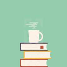 a coffee mug on a stack of books 