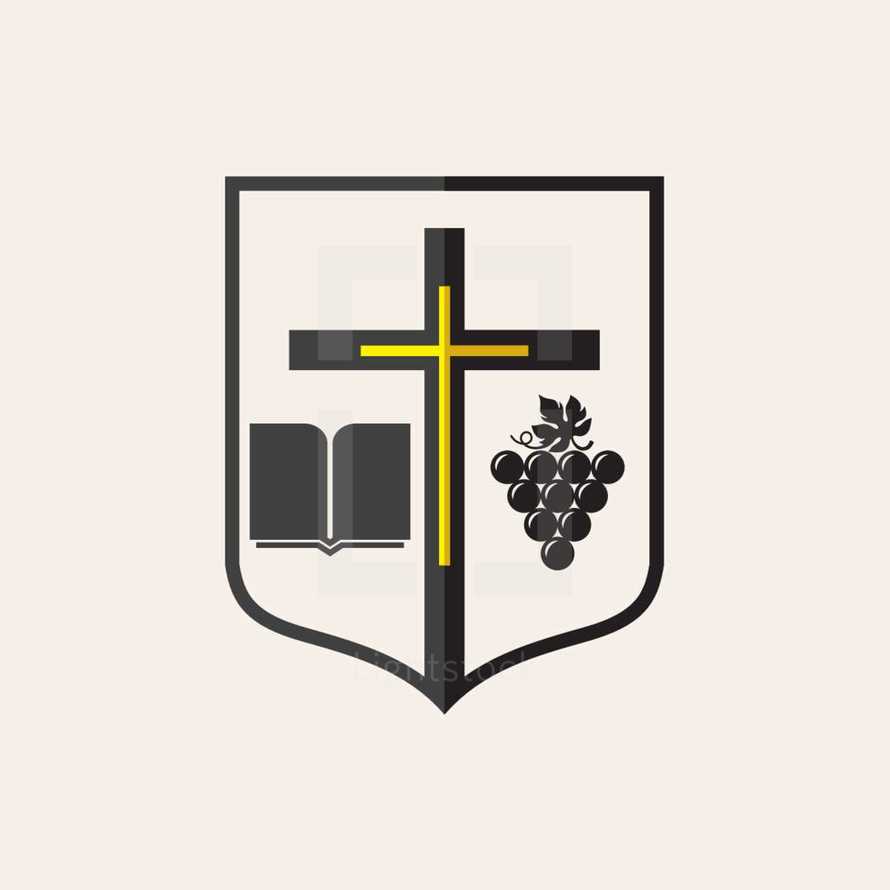 cross, shield, Bible, grapes, icon