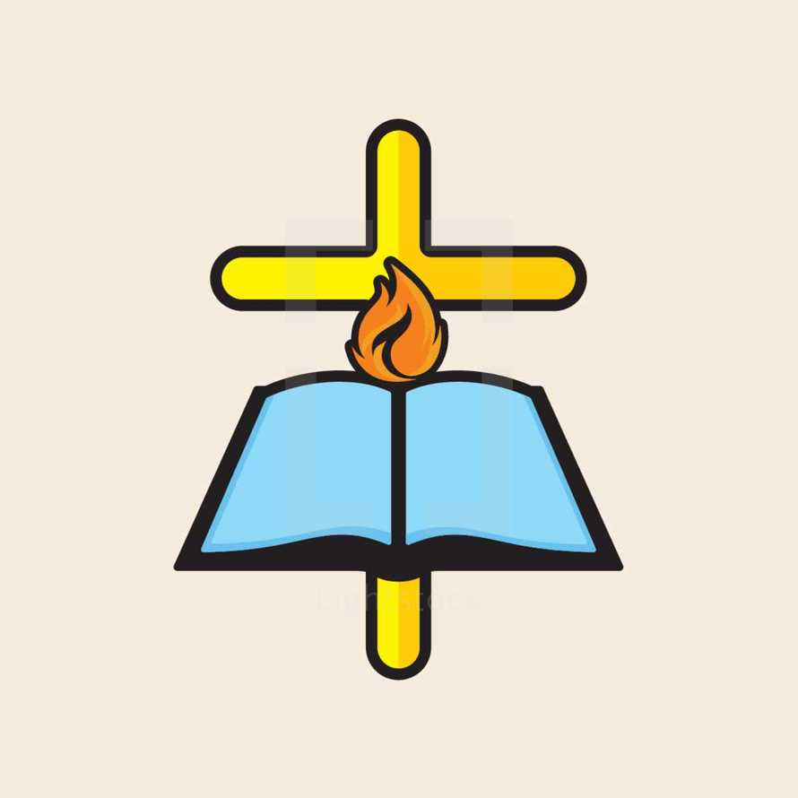 cross, flame, Bible, open Bible, icon