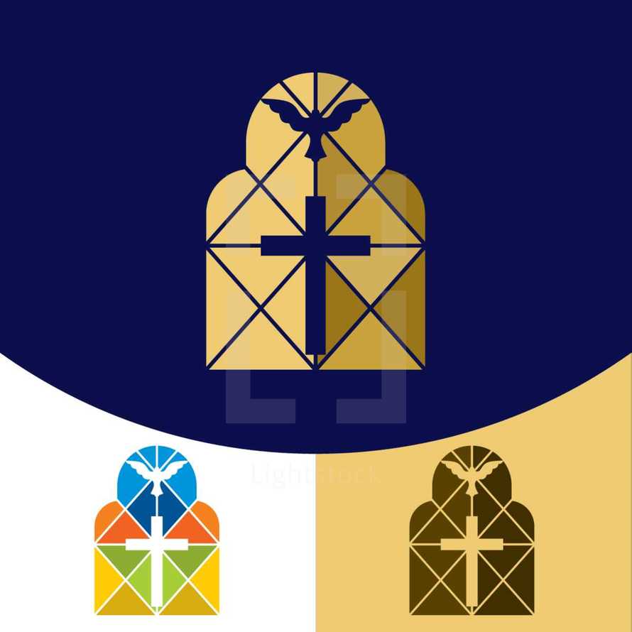 church window with cross and dove logo 