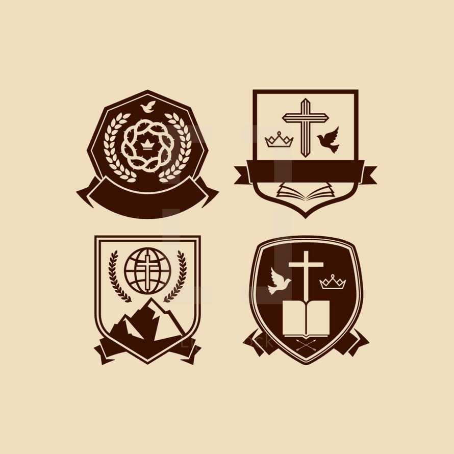 crown, badge, shield, cross, mountain, peak, banner, globe, missions, wheat, crown, crown of thorns, dove, Bible