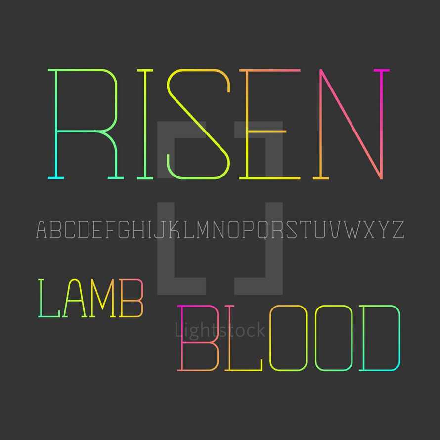 Risen, Lamb, Blood, alphabet, lettering, words, font, A, B, C, D, E, F, G, H, I, J, K, L, M, N, O, P, Q, R, S, T, U, V, W, X, Y, Z