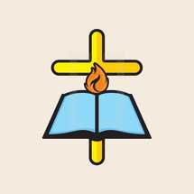 cross, flame, Bible, open Bible, icon