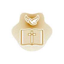 Church logo. Christian symbols. Dove, open bible and cross of Jesus Christ.