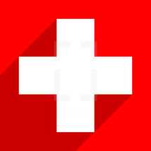 The First Aid symbol or The Swiss flag or The Red Cross symbol. White medical sign with drop shadow on red background is created in trendy flat style. The graphic element for design saved as a vector illustration in the EPS file format.