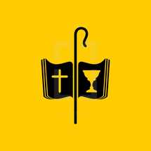 Christian symbols. The cross of Jesus, the Bible, the cup of communion and the staff of the shepherd.