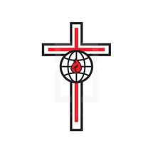 cross, globe, red, black, flame, missions, icon