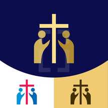 people standing by a cross logo 