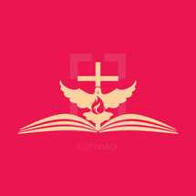 cross, flame, dove, pages, Bible 