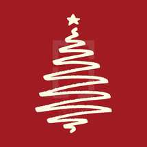 white sketched Christmas tree on red background.