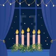 Christmas Advent Wreath with Candles on Window Sill