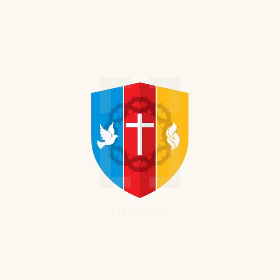 shield, dove, crown of thorns, red, blue, yellow, flames, icon