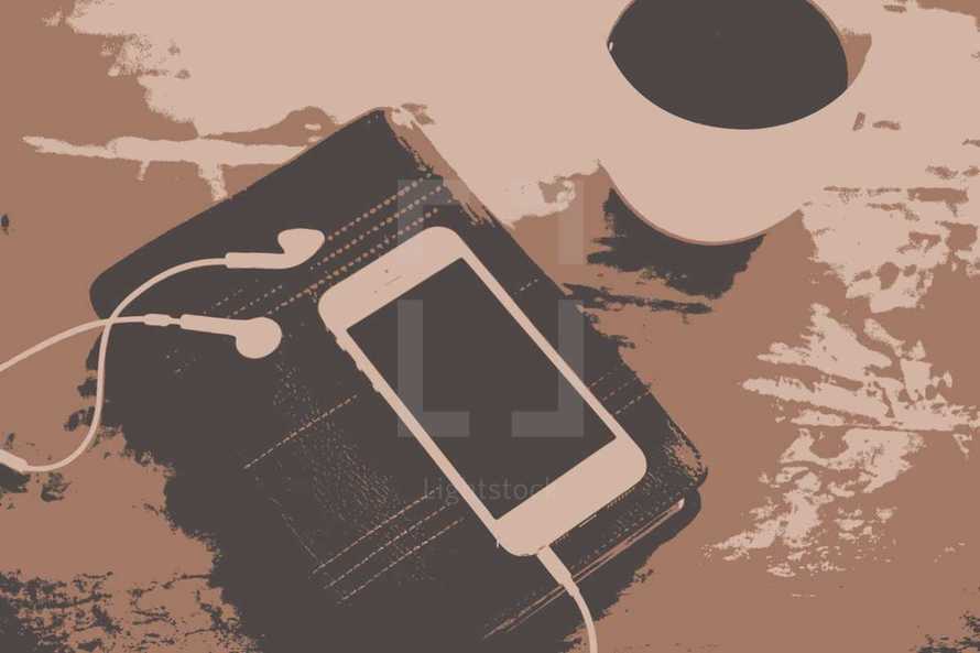 iPhone and earbuds on a journal and coffee cup 