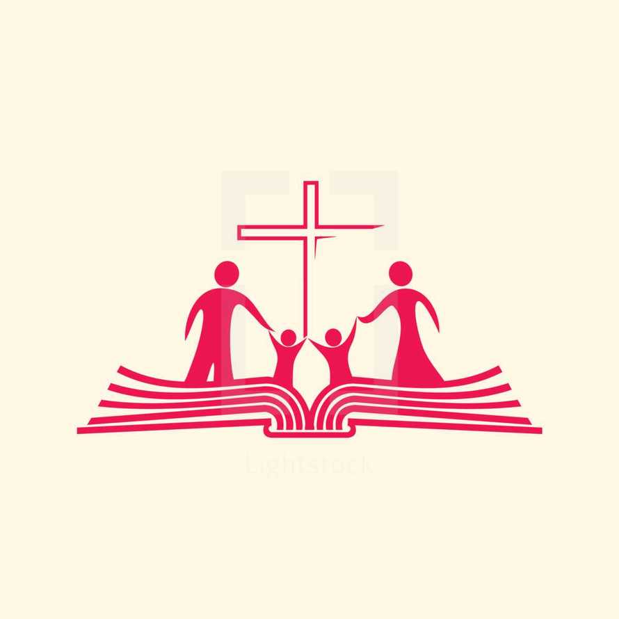 family standing on pages of a Bible and cross icon 