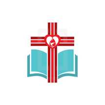 cross, heart, red, white, blue, icon, pages, Bible, flame, dove 