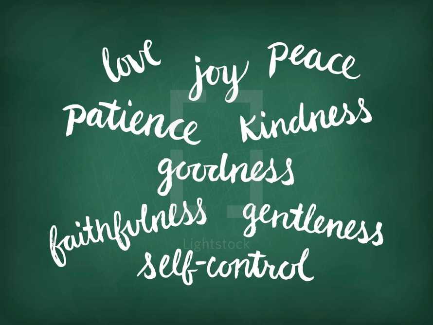 love, joy, patience, kindness, goodness, peace, faithfulness, self-control, words, lettering, script 
