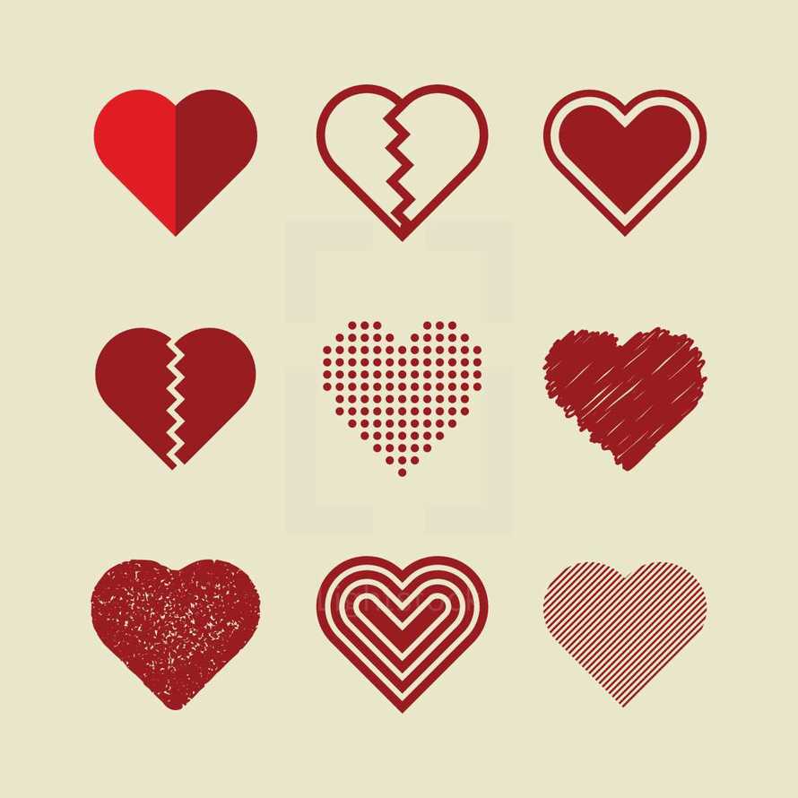 Vector illustrations set of various red hearts. 
