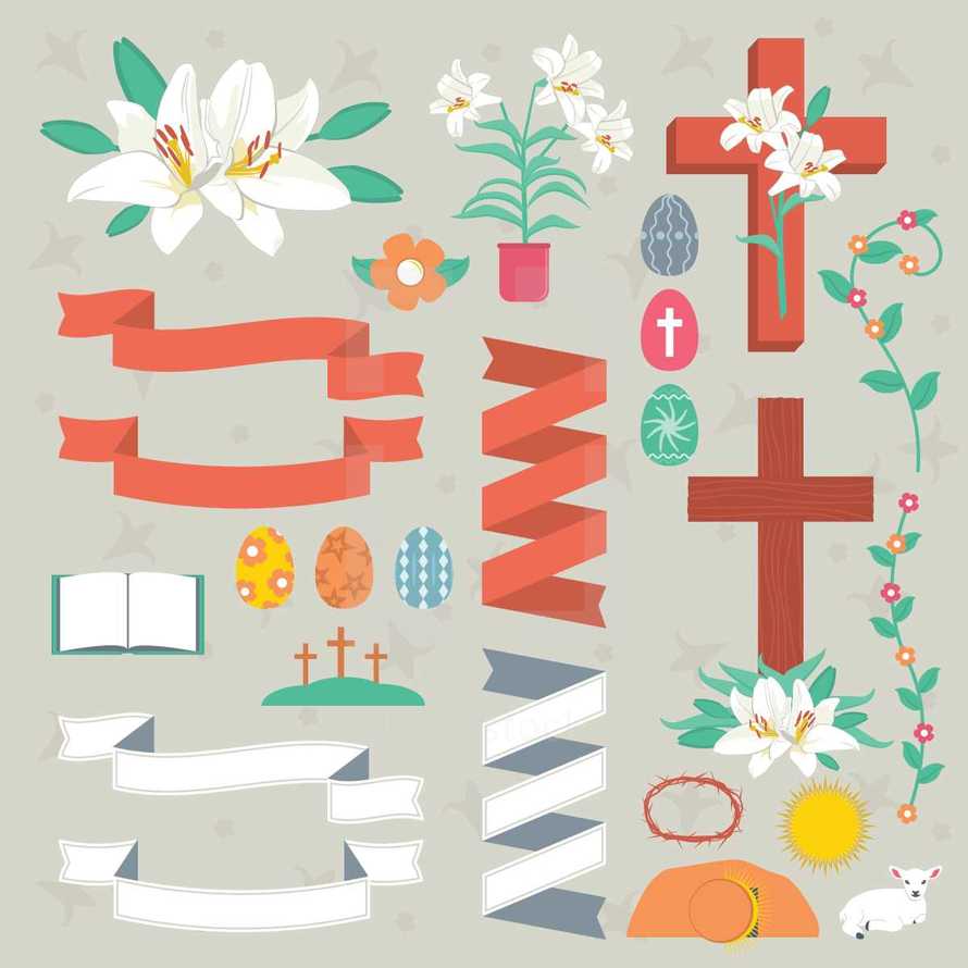 Easter, banners, cross, three crosses, lamb, tomb, easter eggs, icons, crown of thorns, easter lily, lily, flower, open Bible, floral border, flower