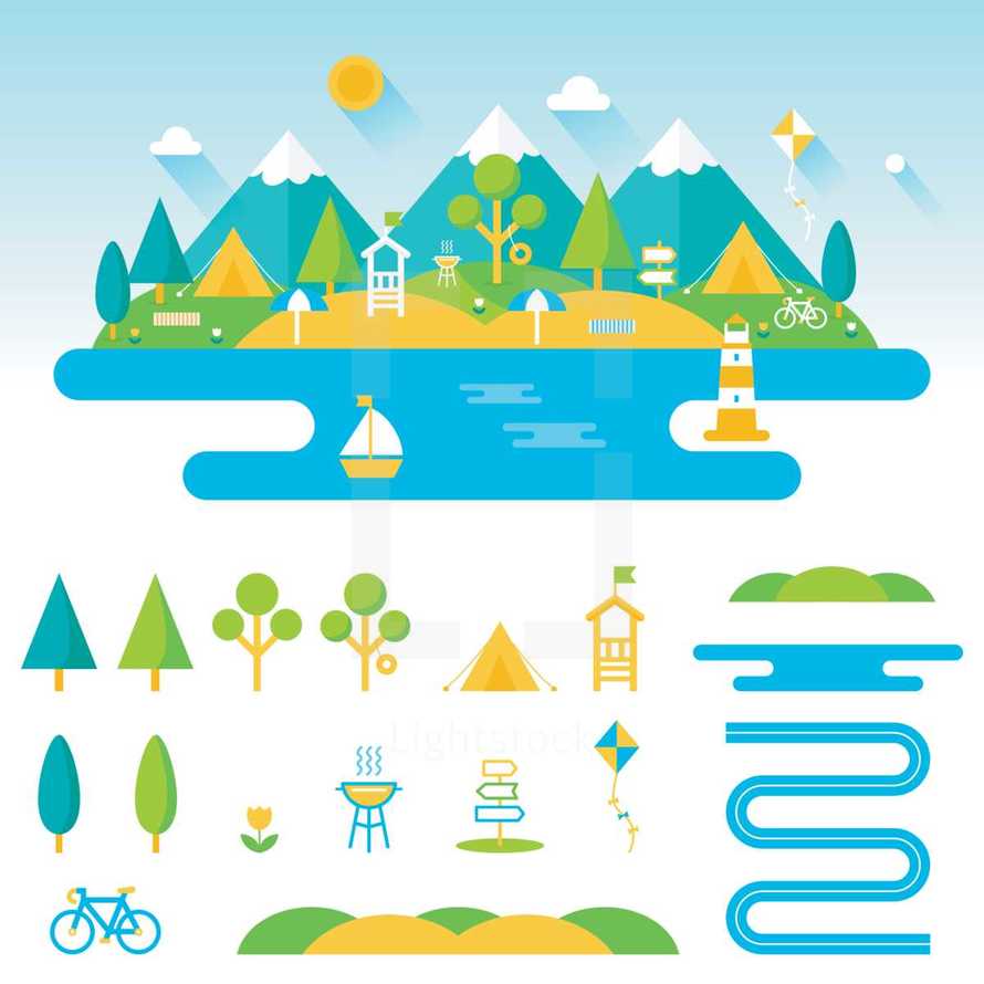 beach, lake, bicycle, summer, icons, trees, hills, grill, cookout, tent, camplng, camp, lookout, sailboat, water, lighthouse, mountains, sun, kite, river, ocean 