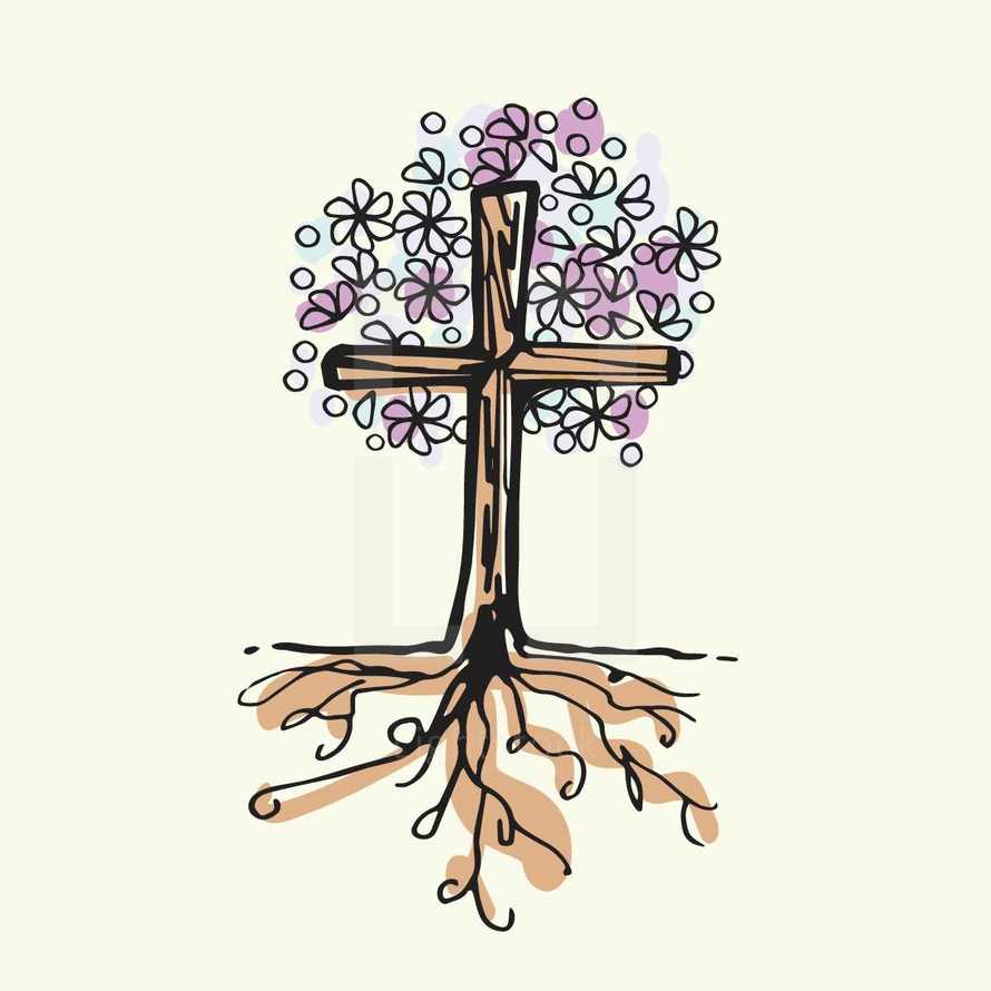 tree cross with flower and roots 