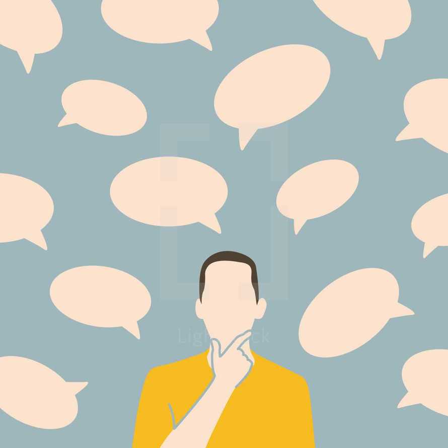 man with multiple speech bubbles 