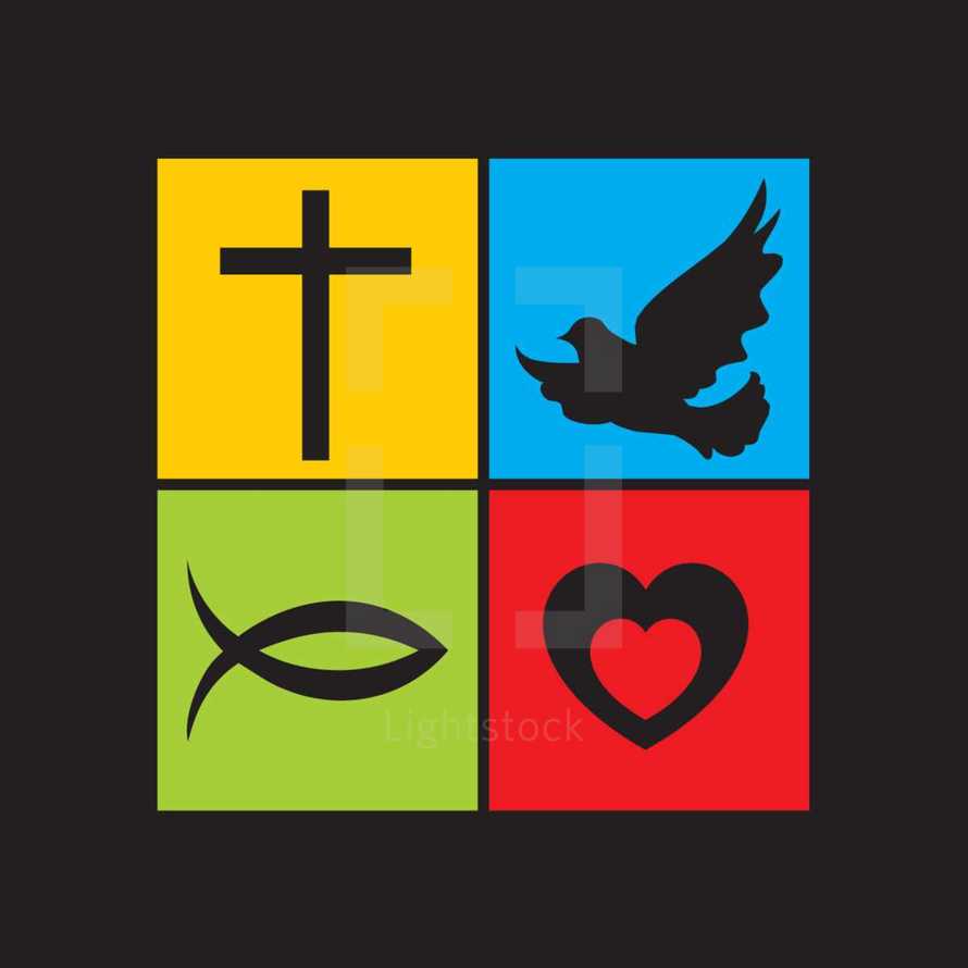 cross, dove, heart, jesus fish, green, red, blue, yellow, tiles, silhouettes, icons