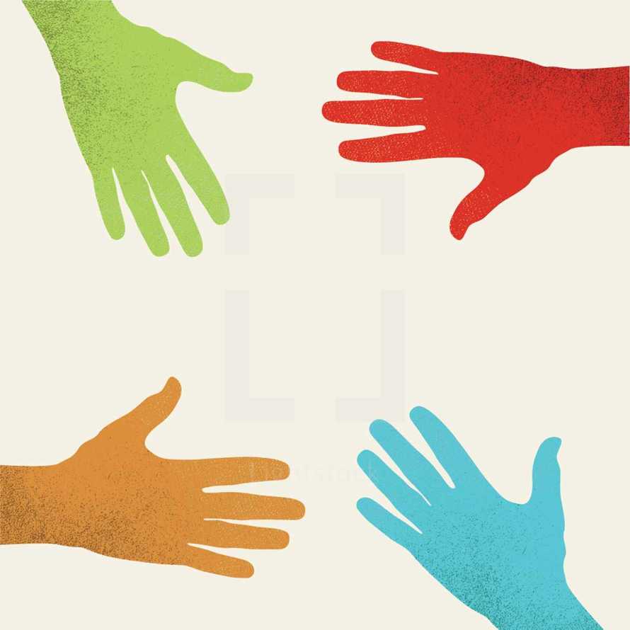 illustration of a group of diverse hands coming together. 