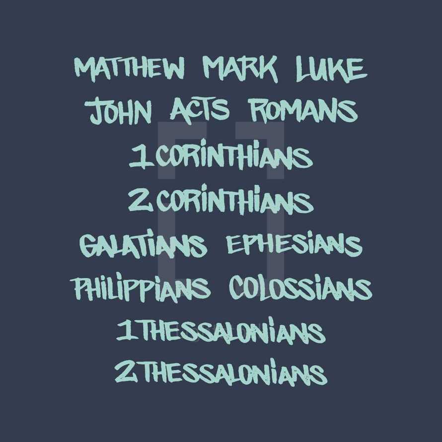 Colossians, New Testament, 2 Thessalonians, 1 Thessalonians, 2 Corinthians, 1 Corinthians, Matthew, Mark, Luke, John, Acts, Romans, Philippians