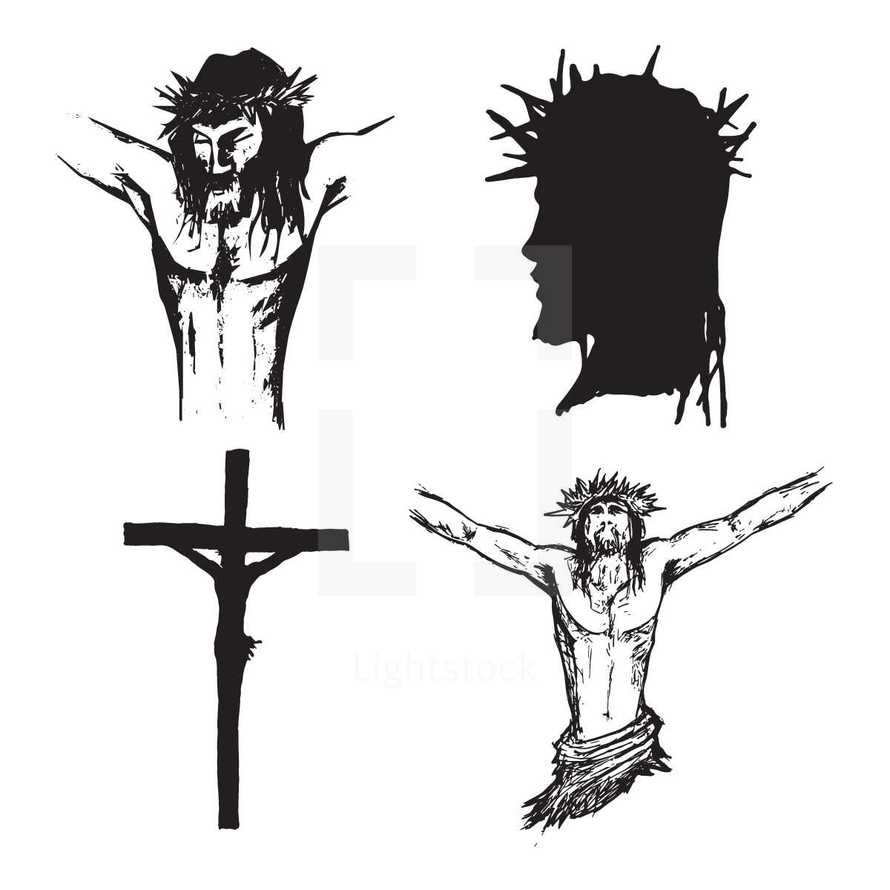 Vector sketches of Jesus on the cross.
