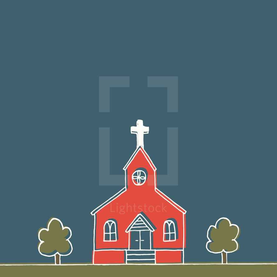 red hand drawn church illustration.
