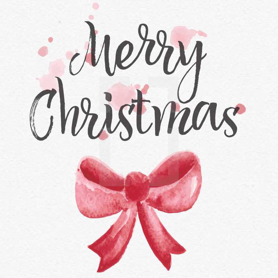 Water color illustration with detailed background paper texture.  Merry Christmas lettering, paint splatter and a red bow.