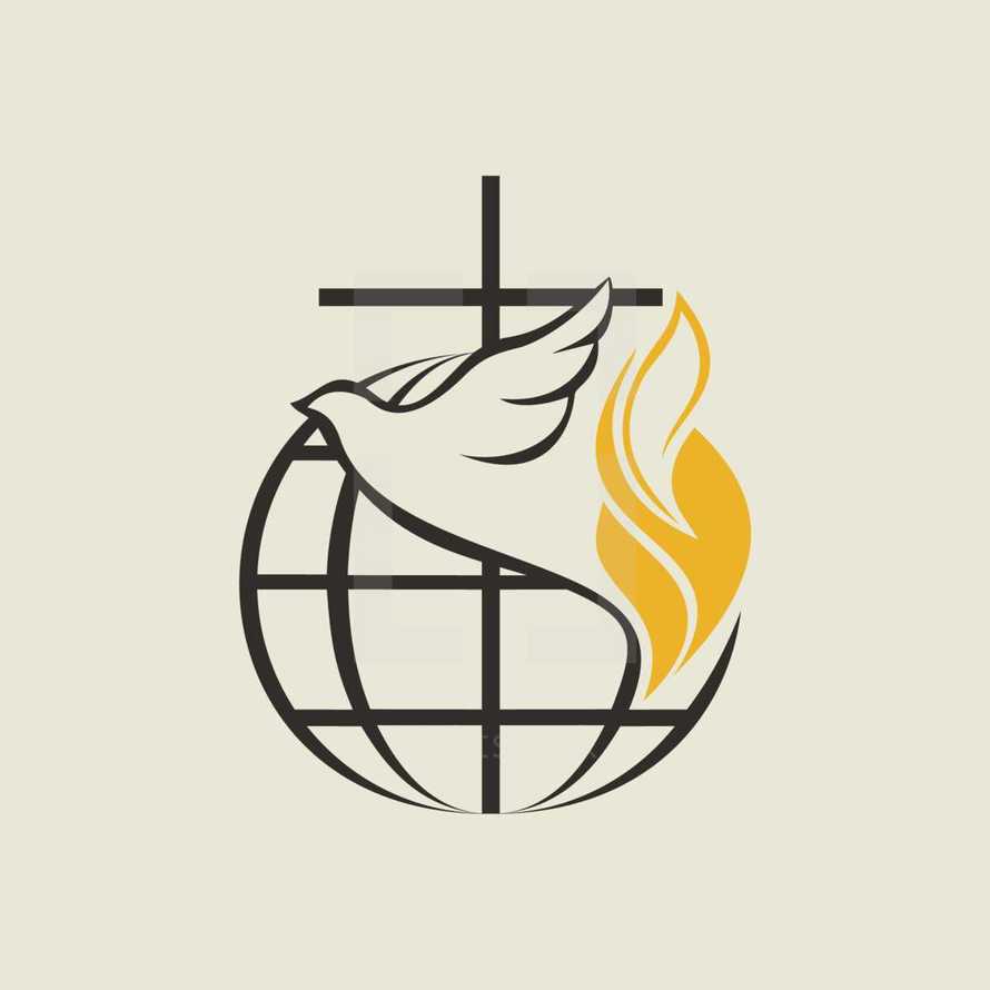 globe, holy spirit, dove, cross, flame, Pentecost 