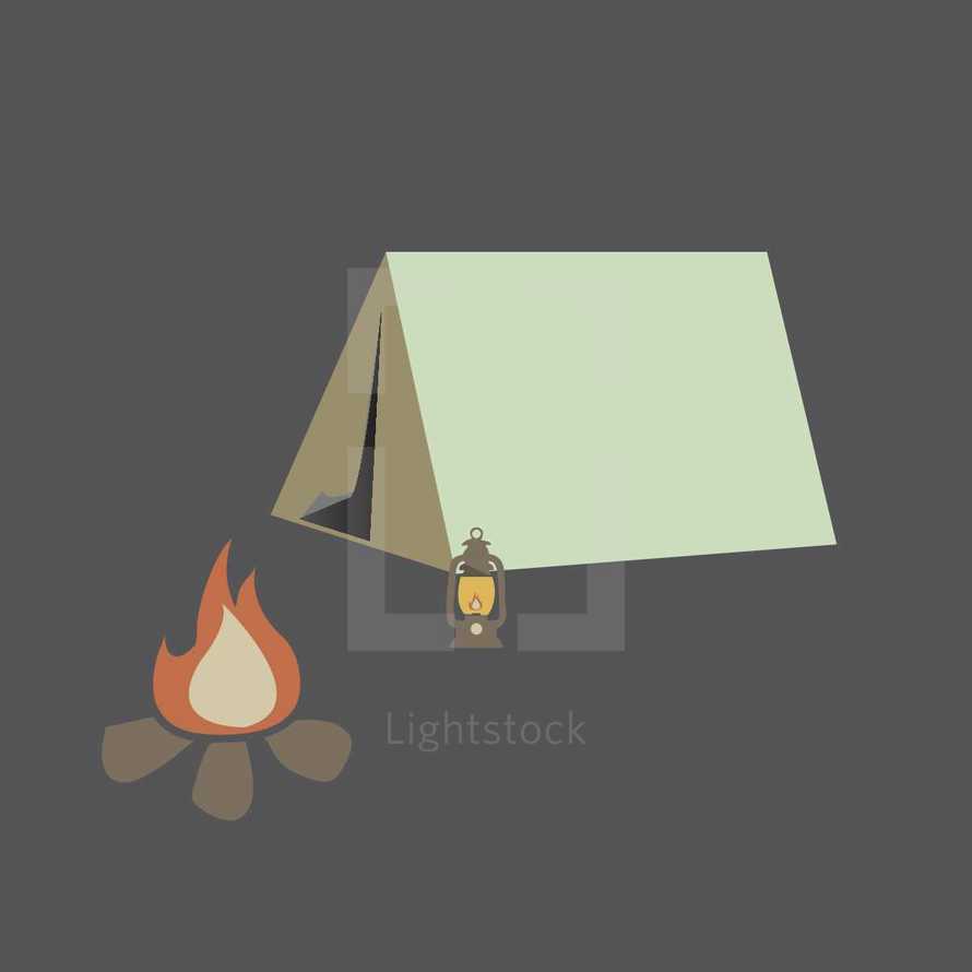 tent, campfire, and lantern illustration 