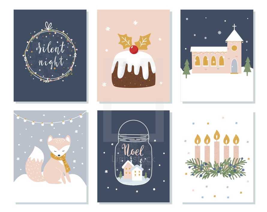 Set of Christmas and Winter Holidays Cards. Advent Wreath, Church and Lettering Signs