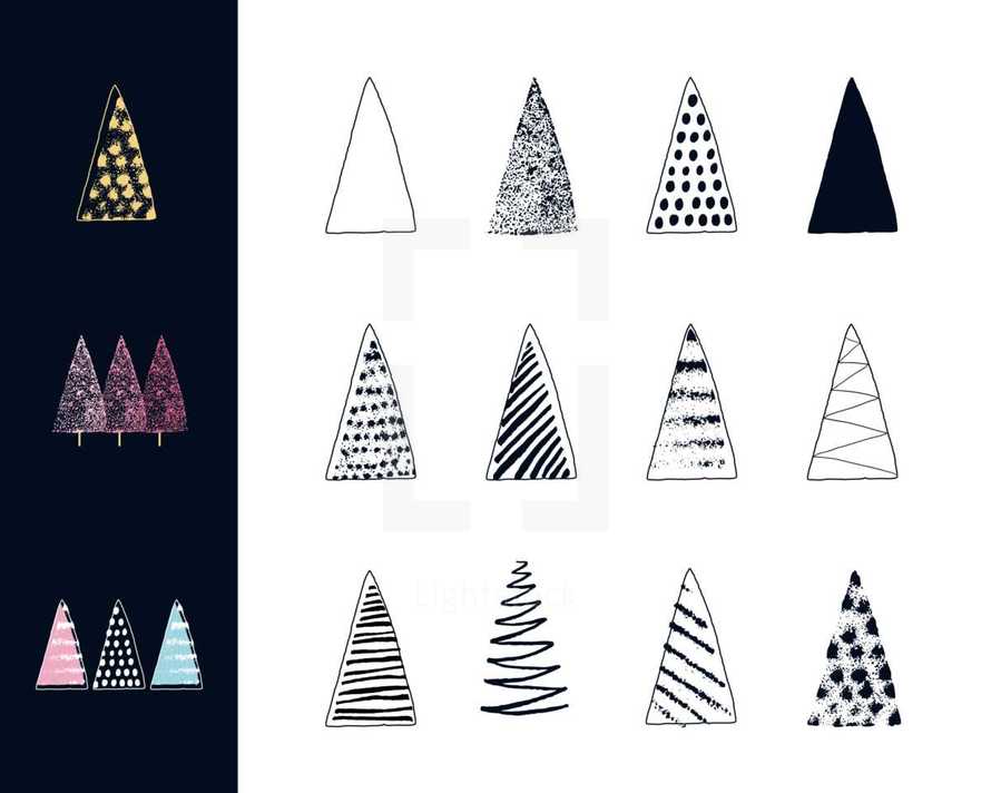 Set of Hand Drawn Vector Christmas Tree Set