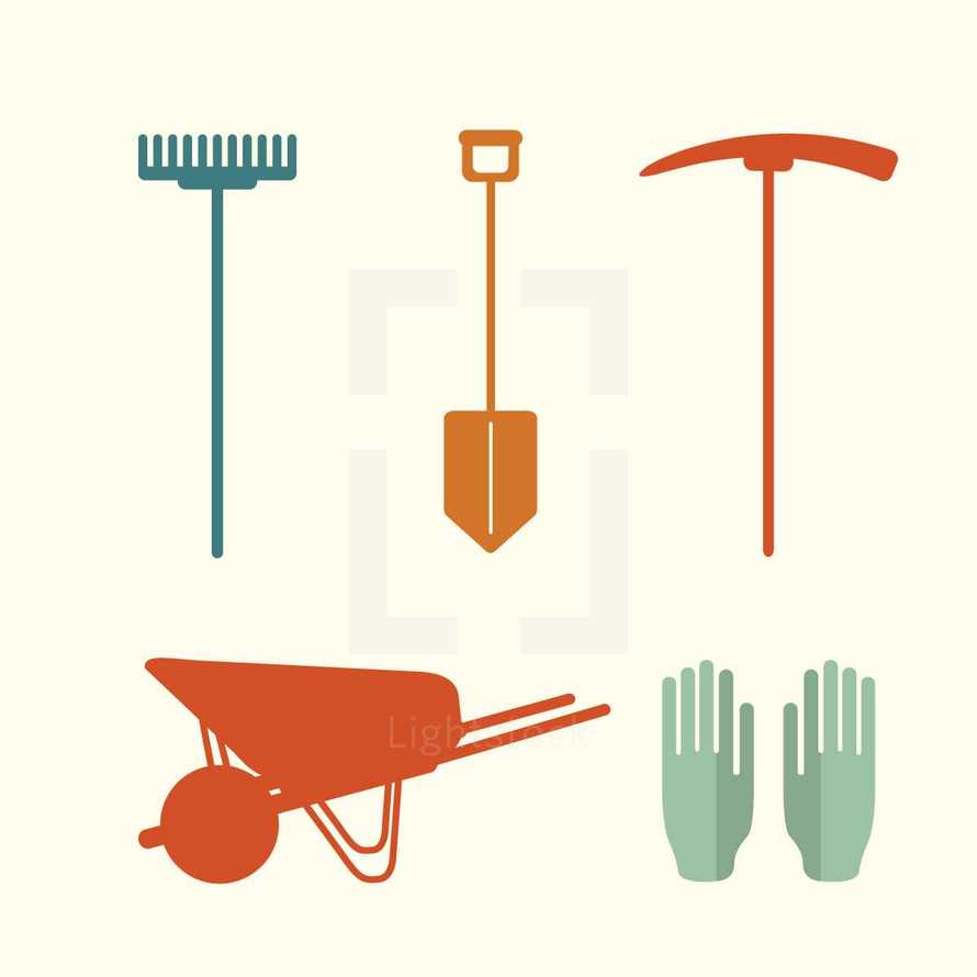 service tools, yard tools, gloves, wheelbarrow, wheel barrow, shovel, rake, ax, volunteering, gardening, icon