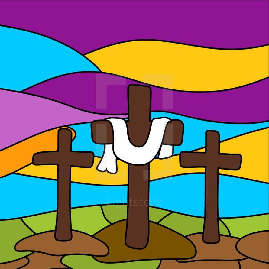 Easter illustration. Three crosses on Calvary.