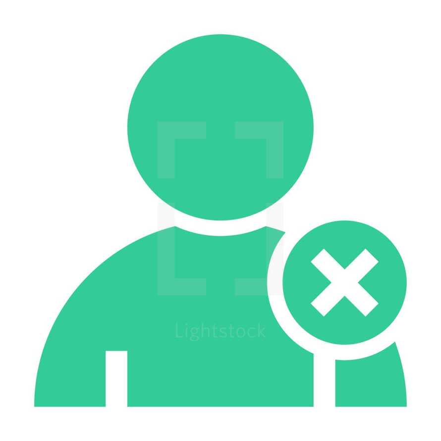 don't accept. Person user icon with delete symbol. Member sign. Avatar button. Man pictogram. Web internet icon created in trendy flat style. Quick and easy recolorable shape isolated on white background. The graphic element saved as a vector illustration in the EPS file format for used in your design projects. 