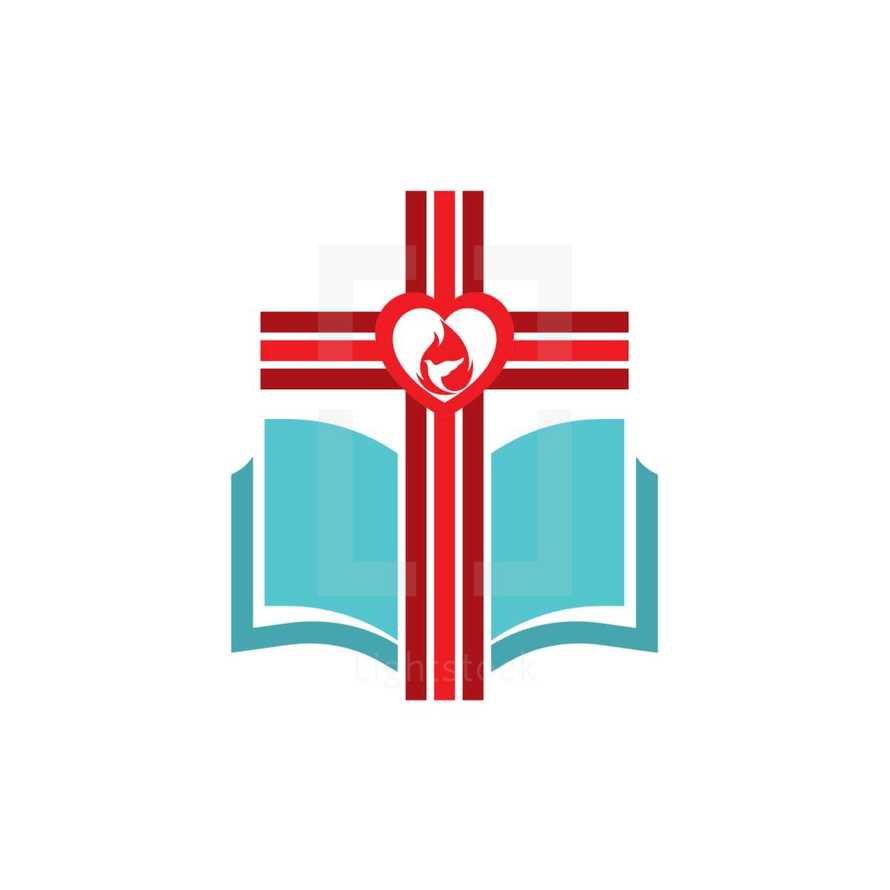 cross, heart, red, white, blue, icon, pages, Bible, flame, dove 