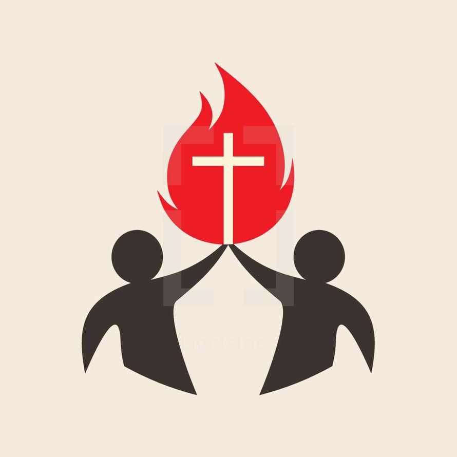 people holding up a flame with a cross